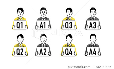 A set of icons of junior employees asking questions and senior employees answering questions, holding a Q&A board A set of icons of junior employees asking questions and senior employees answering questions, holding a Q&A board 136499486