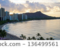View of Waikiki Beach and Diamond Head at dawn from Sheraton Waikiki in Hawaii 136499561