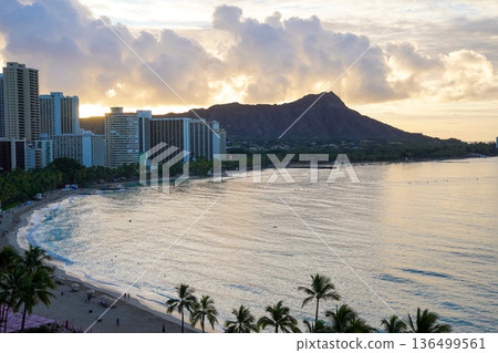 View of Waikiki Beach and Diamond Head at dawn from Sheraton Waikiki in Hawaii 136499561