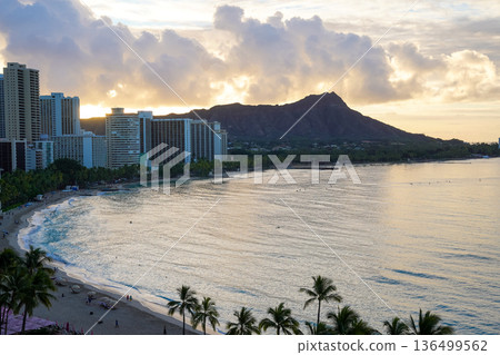 View of Waikiki Beach and Diamond Head at dawn from Sheraton Waikiki in Hawaii 136499562
