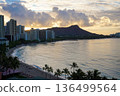 View of Waikiki Beach and Diamond Head at dawn from Sheraton Waikiki in Hawaii 136499564