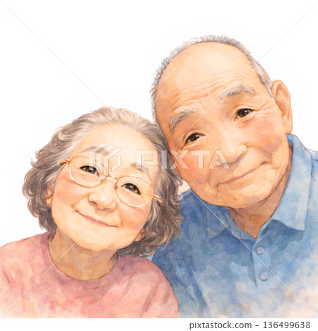 水彩風格插圖,描繪了一對和藹可親的老夫婦,面帶微笑。 水彩風格插圖,描繪了一對和藹可親的老夫婦,面帶微笑。 136499638