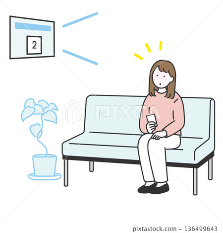 Illustration of a young woman realizing her turn in the waiting room Illustration of a young woman realizing her turn in the waiting room 136499643