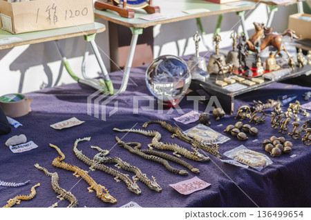 Crystal and dragon ornaments for sale at a stall. Auspicious items and good luck charms for sale. Crystal and dragon ornaments for sale at a stall. Auspicious items and good luck charms for sale. 136499654