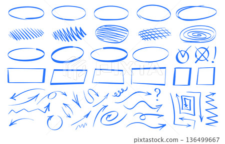 Blue Hand Drawn Arrows Circles Frames and Marker Scribbles Set, Sketchy Doodle Highlight Shapes for Annotation, Vector Blue Hand Drawn Arrows Circles Frames and Marker Scribbles Set, Sketchy Doodle Highlight Shapes for Annotation, Vector 136499667