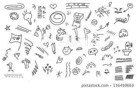 Hand Drawn Doodle Icons and Sketchy Scribbles Set, Arrows Checkmarks Underlines and Funny Elements, Black Ink Vector Hand Drawn Doodle Icons and Sketchy Scribbles Set, Arrows Checkmarks Underlines and Funny Elements, Black Ink Vector 136499669