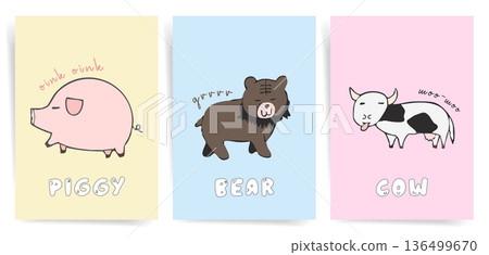 Pastel Cute Animal Nursery Posters Set with Pig Bear Cow Characters, Kids Room Wall Art Print Collection, Hand Drawn Vector Illustration Pastel Cute Animal Nursery Posters Set with Pig Bear Cow Characters, Kids Room Wall Art Print Collection, Hand Drawn Vector Illustration 136499670