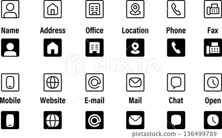 Contact information icon and mark set for business cards with rounded corners 136499789
