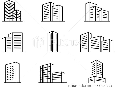 Editable award line drawing icons of buildings, structures, houses, real estate, companies, and offices 2 136499795
