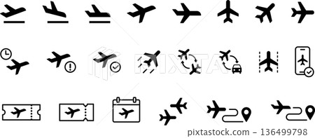 Monochrome airplane, aircraft, jet icons Monochrome airplane, aircraft, jet icons 136499798