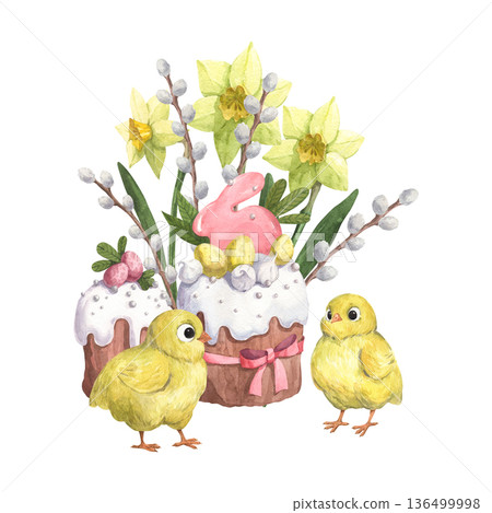 An Easter-themed watercolor composition featuring chickens and decorated Easter casseroles 136499998