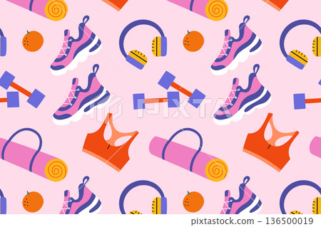Fitness pattern with female sports accessories on pink background, sneakers, yoga mat, headphones, sports top and dumbbells. Flat cartoon vector illustration about active lifestyle, workout routine Fitness pattern with female sports accessories on pink background, sneakers, yoga mat, headphones, sports top and dumbbells. Flat cartoon vector illustration about active lifestyle, workout routine 136500019