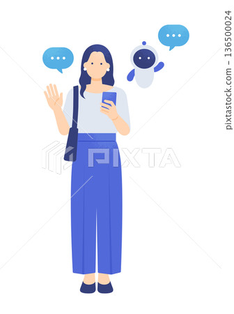 即使你外出,人工智慧也能為你提供支援。向量插圖描繪了一位女士享受外出時光,人工智慧正在向她揮手。 即使你外出,人工智慧也能為你提供支援。向量插圖描繪了一位女士享受外出時光,人工智慧正在向她揮手。 136500024