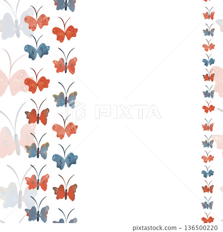 Seamless pattern with butterflies in soft pastel and warm terracotta tones. Featuring playful shapes, dotted wings, delicate antennae. Ideal for nursery, baby shower, childrens clothing, fabric prints 136500220