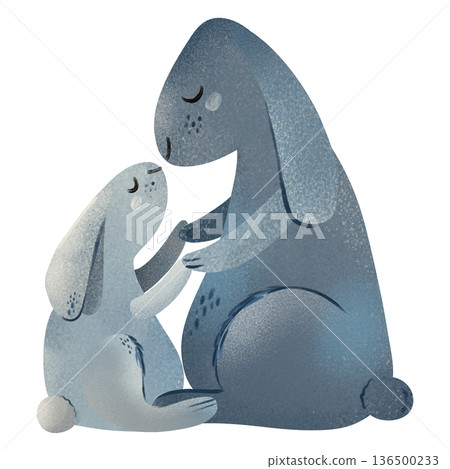 Mother rabbit and baby cuddling in a loving embrace. Gentle hug pose. Whimsical children's illustration soft earthy tones, for Mother's Day cards, baby shower invites, nursery decor, maternity prints Mother rabbit and baby cuddling in a loving embrace. Gentle hug pose. Whimsical children's illustration soft earthy tones, for Mother's Day cards, baby shower invites, nursery decor, maternity prints 136500233