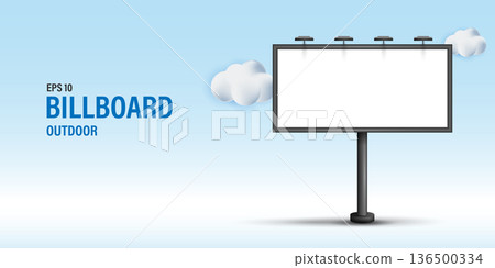 Outdoor Billboard Mockup Banner, Blank Vertical City Light Poster with Clouds for Advertising and Marketing Display, Real Estate Signage and Promotion Design Template on Blue Background. Outdoor Billboard Mockup Banner, Blank Vertical City Light Poster with Clouds for Advertising and Marketing Display, Real Estate Signage and Promotion Design Template on Blue Background. 136500334
