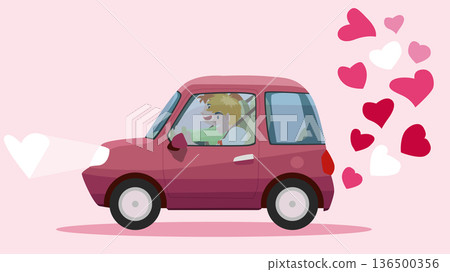 Cute couple happy and driving a pink mini car. Leaving a trail of hearts floating from the exhaust pipe to celebrate Valentine's Day heart shaped headlights on a pink background. Cute couple happy and driving a pink mini car. Leaving a trail of hearts floating from the exhaust pipe to celebrate Valentine's Day heart shaped headlights on a pink background. 136500356