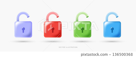3D Vector Unlocked Padlock Icon Set, Colorful Glossy Open Lock Symbols for Access Granted, Cyber Security Authorization and Digital Privacy UI UX Design Elements on White Background. 3D Vector Unlocked Padlock Icon Set, Colorful Glossy Open Lock Symbols for Access Granted, Cyber Security Authorization and Digital Privacy UI UX Design Elements on White Background. 136500368