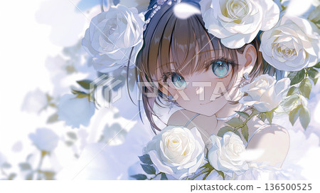 一幅美麗的少女肖像，周圍環繞著白色玫瑰。一幅華麗的春日花卉插畫。 136500525