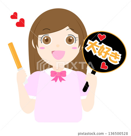Illustration of a girl holding a penlight and a cheering fan 136500528