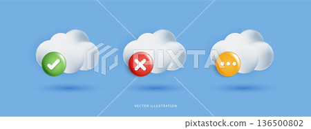 3D white clouds with check mark, cross, and typing dots icons. Glossy symbols for cloud computing status, data upload success, error, and processing. Vector illustration isolated on blue background. 3D white clouds with check mark, cross, and typing dots icons. Glossy symbols for cloud computing status, data upload success, error, and processing. Vector illustration isolated on blue background. 136500802