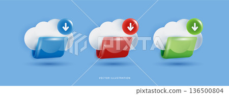 3D cloud with colorful folders and download arrow icons. Glossy symbols for cloud storage, data file transfer, document backup and computing services. Vector illustration on blue background. 3D cloud with colorful folders and download arrow icons. Glossy symbols for cloud storage, data file transfer, document backup and computing services. Vector illustration on blue background. 136500804