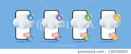 3D smartphone with hand clicking cloud download icon. Mobile app interface for cloud computing, data storage transfer, and backup service. Glossy vector illustration isolated on blue background. 3D smartphone with hand clicking cloud download icon. Mobile app interface for cloud computing, data storage transfer, and backup service. Glossy vector illustration isolated on blue background. 136500805