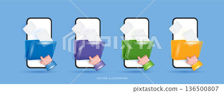 3D smartphone with hand clicking colorful folders and floating document files. Mobile app interface for digital file management, document storage and data organization. Vector on blue background. 136500807