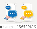 3D smartphone with hand clicking screen and blue, yell speech bubble icons. Mobile app interface for social media, online chat messenger and digital marketing. Vector illustration on white background. 136500815