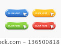 Set of colorful 3D Click Here buttons with white cursor pointers. Glossy web elements for call to action, interactive navigation, and user interface design. Vector illustration on white background. 136500818