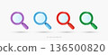 3D Vector Magnifying Glass Icon Set, Colorful Glossy Search Buttons for Web Navigation, Exploration and Discovery Discovery UI UX Design Elements on White Background. 136500820