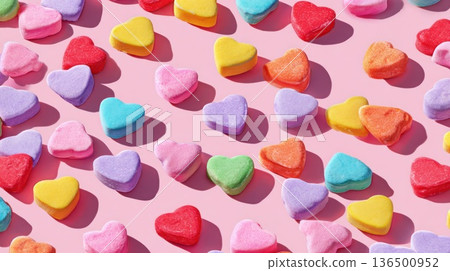 Playful Valentine's background: scattered conversation heart candies in bright colors against a light pink background. Playful Valentine's background: scattered conversation heart candies in bright colors against a light pink background. 136500952