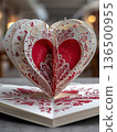 Valentine's pop-up card as 3D paper heart red and white colors, hand made card 136500955