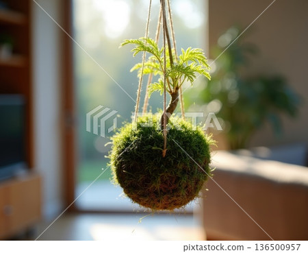 A single Kokedama, a moss-covered sphere supporting a delicate fern, suspended by twine in front of a large window, illuminated by soft morning sunlight A single Kokedama, a moss-covered sphere supporting a delicate fern, suspended by twine in front of a large window, illuminated by soft morning sunlight 136500957