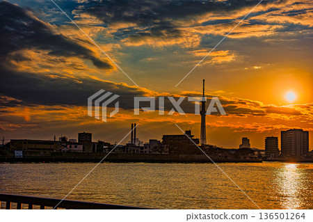 Nakagawa River and Skytree in the sunset Nakagawa River and Skytree in the sunset 136501264