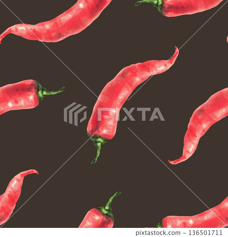 Watercolor hot chili pepper seamless pattern. Red whole vegetables pods with green stem. Asian food seasoning for kitchen textile, fabric print. Hand drawn on Isolated dark background illustration 136501711