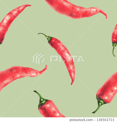 Red hot chili pepper seamless pattern. Watercolor realistic painting of whole vegetables pods with green stem. Spice Asian seasoning food fabric, wallpaper on Isolated coloured background illustration 136501713