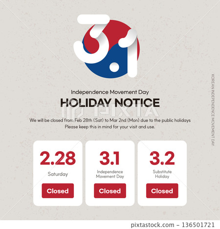 South Korea Independence Movement Day holiday notice banner South Korea Independence Movement Day holiday notice banner 136501721