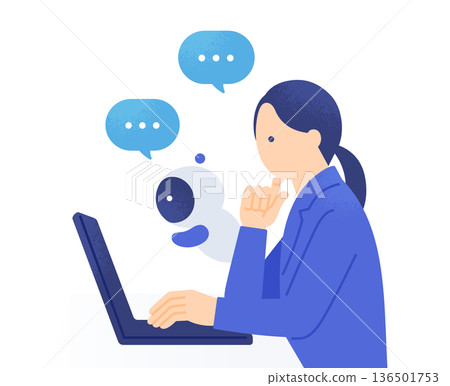 A woman in a suit working while discussing with AI. Vector illustration of AI supporting business operations. 136501753