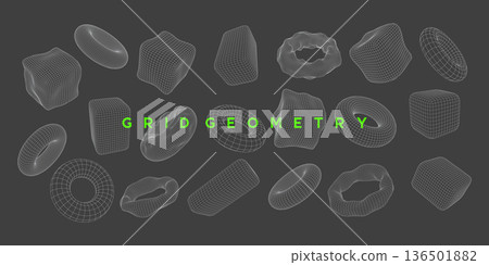 Set of distorted wireframe cube and torus shapes with organic, fluid mesh design. Mathematical mesh shapes for futuristic tech design, science and digital projects. Vector illustration. 136501882
