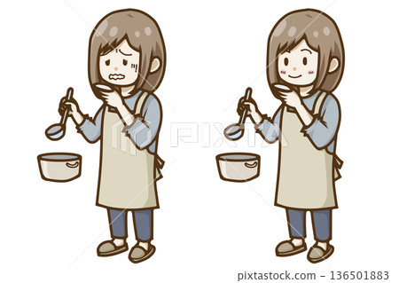 一組兩幅女性品嚐食物的插圖(微笑和皺眉)。 一組兩幅女性品嚐食物的插圖(微笑和皺眉)。 136501883