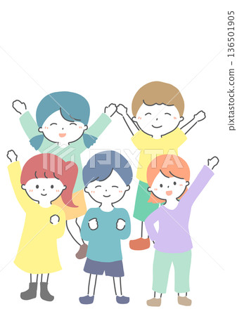 孩子們聚在一起，面帶微笑，揮手（插圖） 136501905