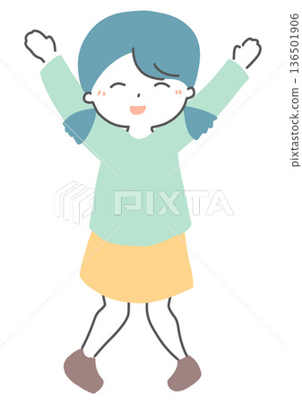 Illustration of a smiling girl raising her arms Illustration of a smiling girl raising her arms 136501906