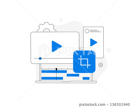 Video editing software interface, media player with timeline and vertical video cropping tool, digital content creation workflow for social media and marketing, modern flat UI vector illustration 136501940