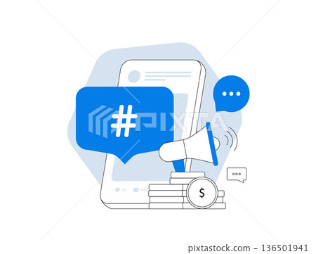 Hashtag influencer marketing strategy, social media hashtag campaign for brand growth, digital content promotion and audience engagement, modern flat social network 2026 interface vector illustration 136501941