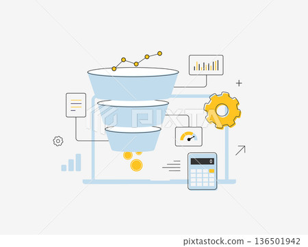 Marketing funnel analytics, sales conversion process with data filtering and business metrics, e-commerce digital optimization workflow and KPI charts, modern flat infographic vector illustration Marketing funnel analytics, sales conversion process with data filtering and business metrics, e-commerce digital optimization workflow and KPI charts, modern flat infographic vector illustration 136501942