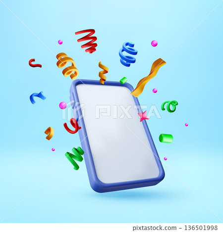 3D Smartphone with celebratory confetti and ribbon 3D Smartphone with celebratory confetti and ribbon 136501998