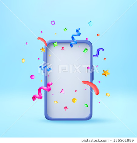 3D Smartphone with colorful confetti and streamers 3D Smartphone with colorful confetti and streamers 136501999