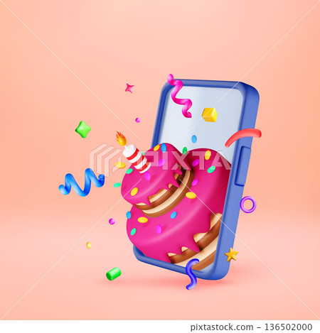 3D Birthday cake with candle out of smartphone 3D Birthday cake with candle out of smartphone 136502000