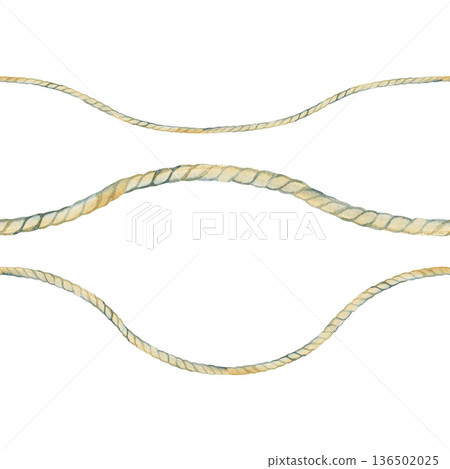 Hand-painted watercolor horizontal seamless border of vintage twisted ropes. This rustic nautical design features realistic textures and natural beige tones, perfect for marine-themed stationery and 136502025